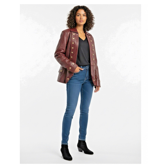 Medium Jackets & Blazers - Vintage Real Leather Maroon Jacket with Gold Buttons